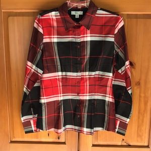 NWOT Coldwater Creek blouse, size medium. Bold plaid, silk/polyester blend.